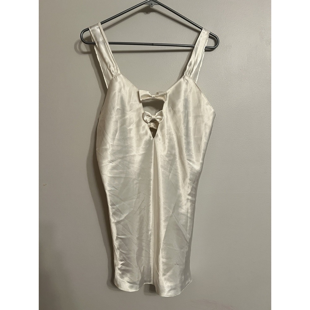 Vintage 90s Josie Natori white satin mini Dress Slip Sexy Bridal Bows Low Back M